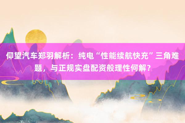 仰望汽车郑羽解析：纯电“性能续航快充”三角难题，与正规实盘配资般理性何解？